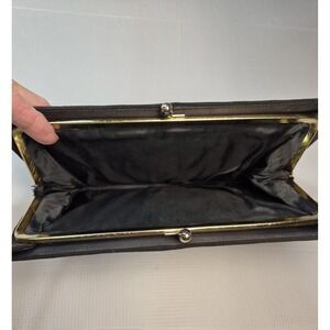 Classic Black Faille Fabric Clutch Evening Bag 10.5" Kiss Clasp Closure Sheen